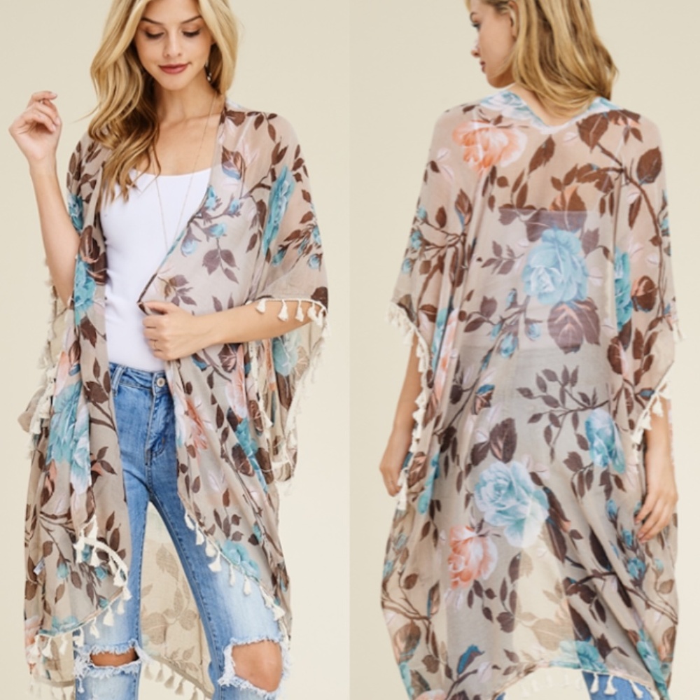Floral Tassel Kimono Cover-Up - Beige Blue